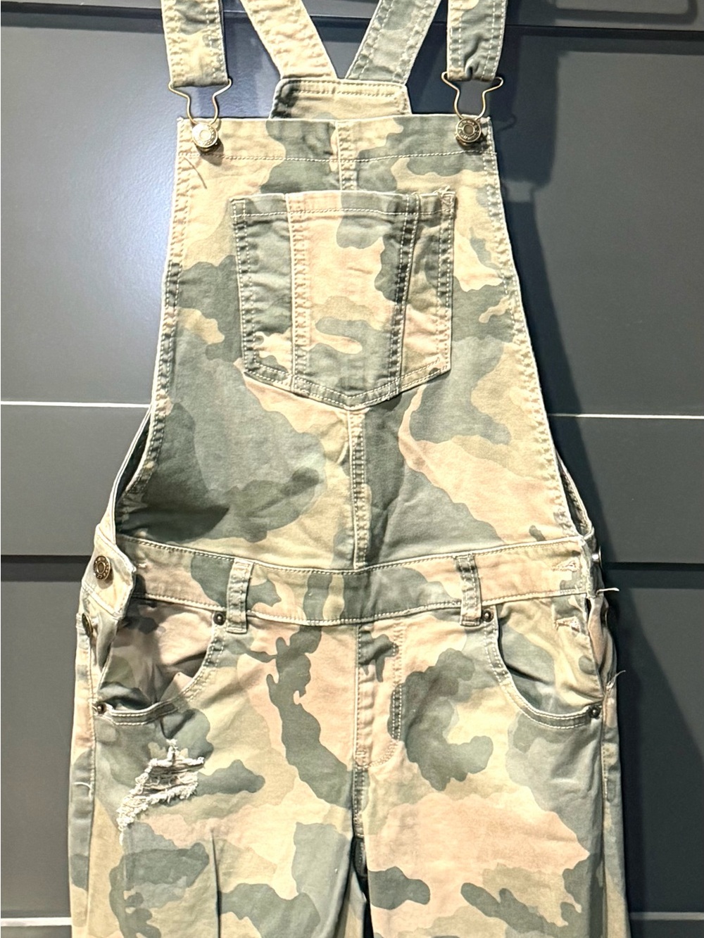 Soho New York & Company Camo Distressed Denim Overalls - Picture 3 of 8
